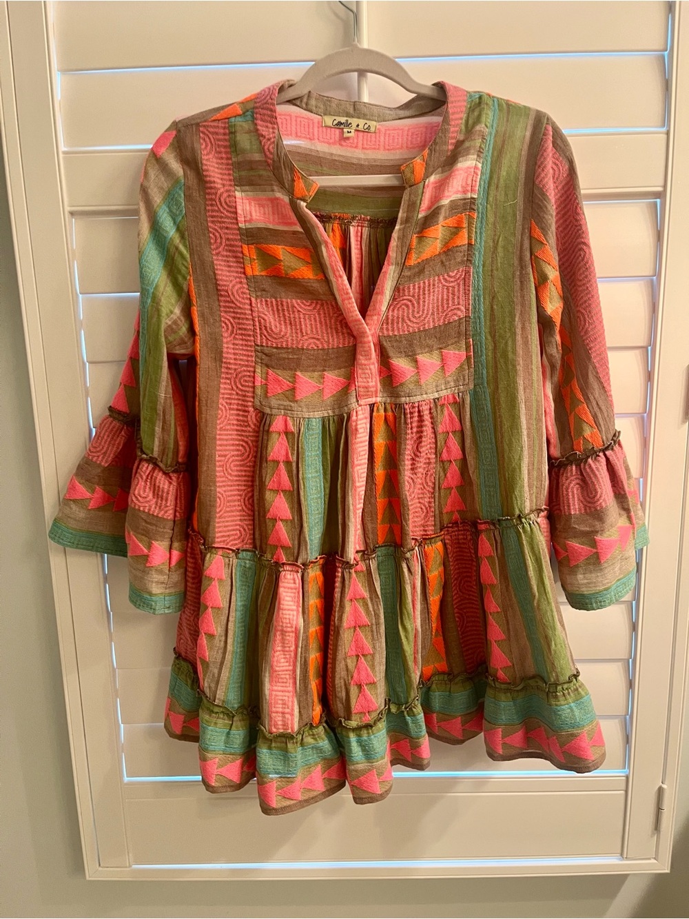 Short Colorful Tribal Pattern Dress - Turquoise, Pink, Green, and Gray.